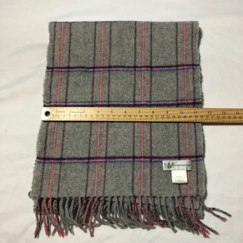 Neumann Marcus cashmere plaid grey purple pink fringe scarf 11.5”x56”